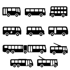 Transportation silhouette icon set. featuring bus, double-decker, trolleybus, shuttle, coach, and minibus symbols