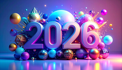 Shiny 2026 3D Numerals with Bokeh Lights and Spheres