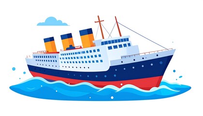 Colorful illustration depicts a large ocean liner floating on stylized blue waves under a small fluffy cloud, suggesting travel