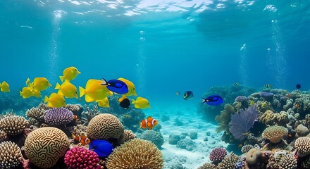 A stunning underwater seascape of a thriving coral garden inhabited by diverse species of colorful reef fish