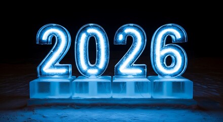 Illuminated ice sculpture of the year 2026 glows in the dark night
