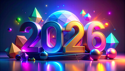 Geometric 3D 2026 with Neon Spheres and Faceted Shapes