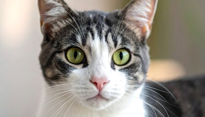 Close-up portrait of a grey tabby cat with green eyes and a pink nose, looking directly at the viewer