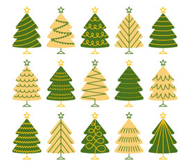 Obraz premium Set of 15 minimal line-style Christmas trees in green and yellow tones. Perfect for modern holiday cards, wrapping paper, wall art, and clean festive designs.