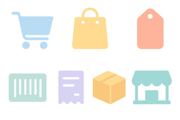 Pastel colored icons for online shopping, retail, delivery, and transaction symbols