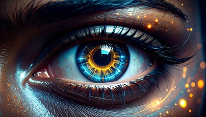 Close-up of a human eye with digital blue and gold glowing patterns overlaid, emphasizing textures and details
