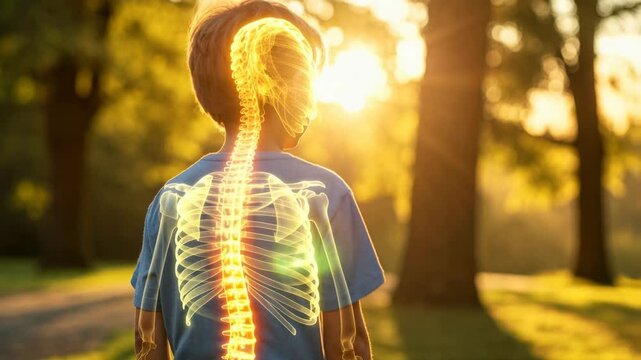 Child with illuminated spine and ribcage anatomy concept outdoors at sunset.