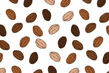 Seamless coffee bean with various brown tone pattern on white background