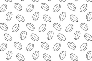 Seamless coffee bean black and white outline pattern on white background