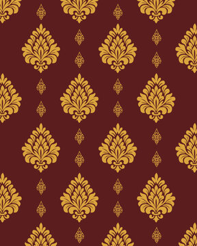 Traditional Thai pattern in gold on red background, elegant floral vintage style for fabric, wallpaper, or decorative design.