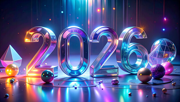 Vibrant 2026 in Colorful Light Beams and Stage Glow