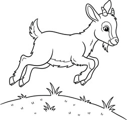 Playful Baby Goat Leaping Over a Hill - Black and White Outline Vector Illustration for Coloring Books and Farm Animal Themes