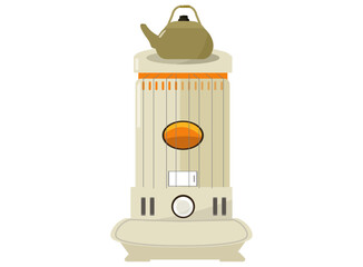 石油ストーブとストーブの上のやかん。ベクターイラスト