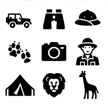 Safari adventure silhouette icons set. featuring jeep, binoculars, hat, pawprints, camera, ranger, tent, lion, giraffe