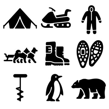Outdoor adventure silhouette icon set. featuring tent, snowmobile, winter suit, dog sled, boots, snowshoes, corkscrew, penguin, bear