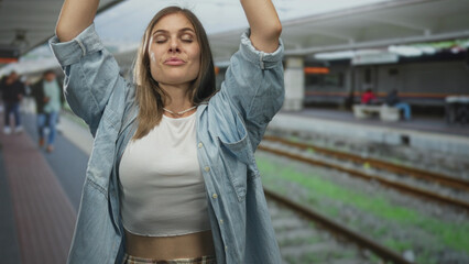 Woman reveals bare midriff and extends arms at railway station platform with a passing train behind; joy.