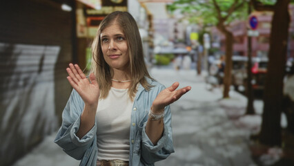 Young blonde woman in light blue shirt claps hands on city street with unimpressed expression; skepticism.