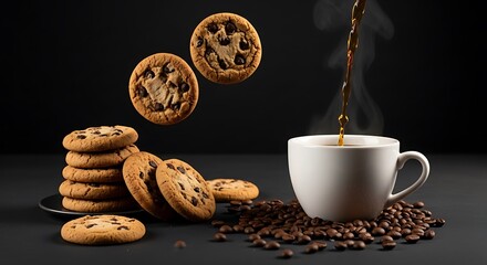 Chocolate chip cookies and coffee being poured on a dark background