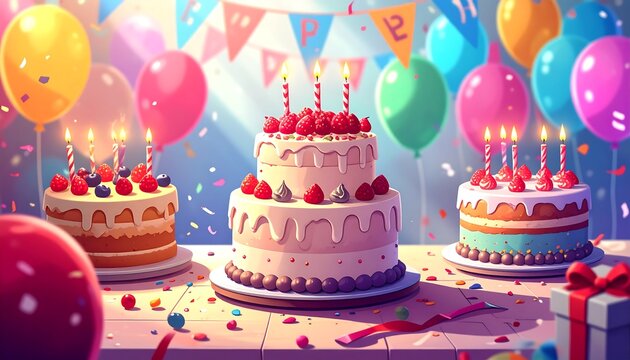 Colorful illustration depicts three birthday cakes with lit candles on a festive table surrounded by balloons and confetti