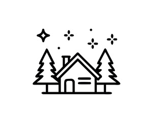 Simple Line Art House with Trees and Stars