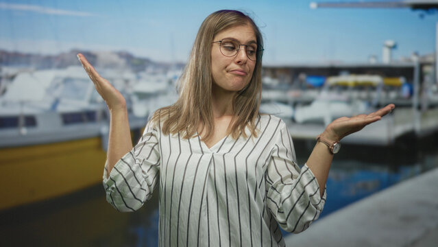 Woman shrugs with both hands open beside a docked boat at a sunny port; uncertainty hesitation doubt.