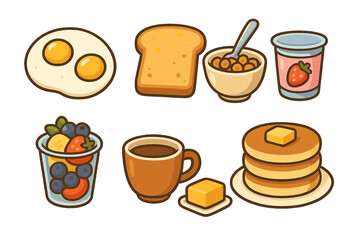 Assortment of breakfast items including fried eggs, toast, cereal, yogurt, fruit, and coffee