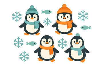 Adorable cartoon penguins wearing colorful winter scarves and hats with snowflakes and fish