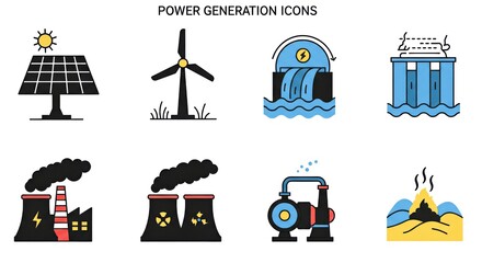 Power generation icons representing solar, wind, hydro, and fossil fuels   © ArtyKris99