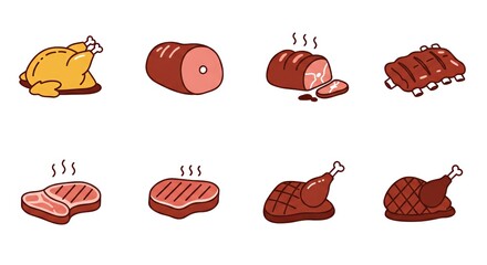 Various illustrated meats including chicken, steak, and ribs  