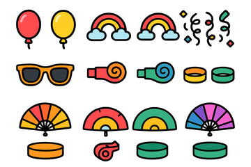 Vibrant assortment of celebration elements including balloons, rainbows, and sunglasses