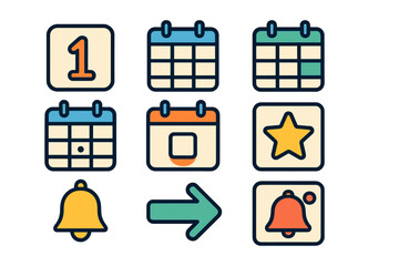 Colorful set of calendar date reminder and navigation user interface symbols