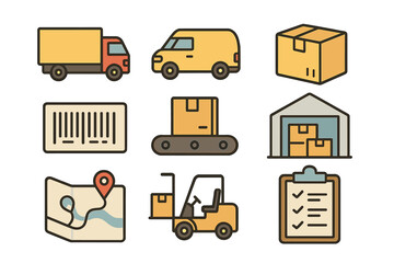Essential icons set for modern shipping, delivery services, warehouse management, and supply chain tracking
