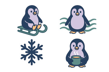 Adorable winter penguin characters set with sledding, swimming, and hot drink icons