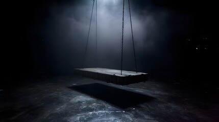 A rectangular platform is dramatically suspended by chains in a dark smoky atmospheric theatre or stage setting with focused lighting
