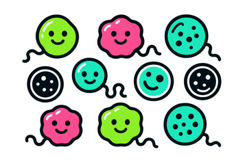 Cute cartoon microbes and bacteria characters with smiley faces and flagella tails in bright colors