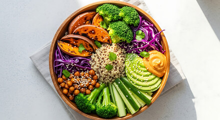 Colorful buddha bowl with fresh vegetables and healthy ingredients