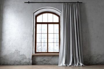 Fototapeta premium Rustic interior features a tall arched window with gray drapes and wooden floor.