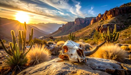Desert landscape at dawn, featuring a sunlit canyon view. Foreground shows a skull resting on a rock with cacti and dry grass. Mountains are in the background