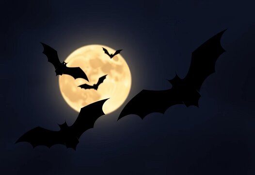 Spooky Halloween bat silhouettes against a moonlit night sky, sky, decoration
