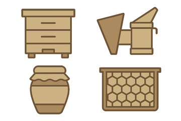 Essential beekeeping equipment set featuring beehive, smoker, honey jar, and honeycomb frame symbols