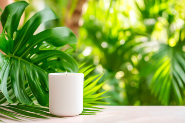 Aromatherapy candle with tropical palm leaf decoration