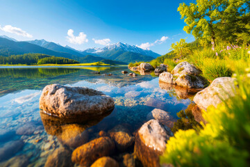 Alpine valley with peaceful lake and mirrorlike water surface