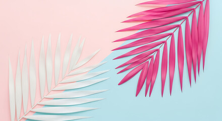 Two palm leaves on a pastel background create a tropical vibe