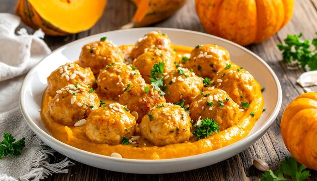 Delicious meatballs sit in a bed of orange puree, garnished with herbs, next to pumpkins on a rustic wooden table