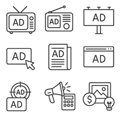 Advertising linear icon set. featuring tv, radio, billboard, click, newspaper, web, target, megaphone, analytics.