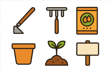 Essential gardening and planting tools including hoe, rake, seedling, and seed packet