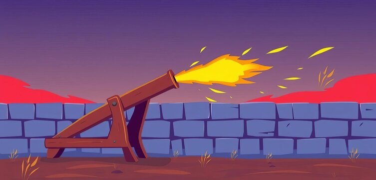 Simple vector illustration of a catapult launching a projectile, digital art, element