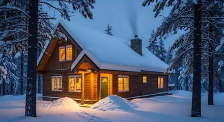 Cozy cabin glows warmly amidst a snowy winter wonderland evening