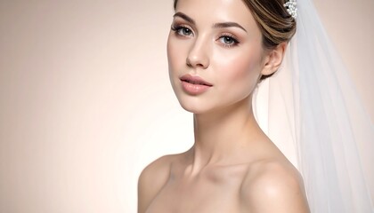 Elegant young woman with a sheer veil and an updo hairstyle, looking at the viewer against a blurred beige backdrop