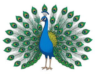 Colorful illustration of a blue peacock with vibrant, fanned-out green and gold tail feathers, isolated on white